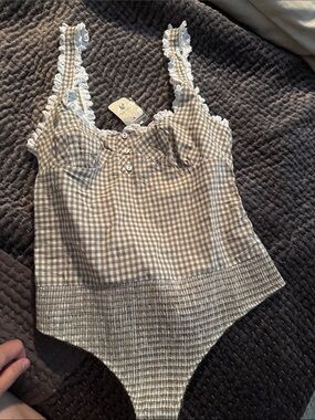 Intimately FP Gingham Lace-Trim Tank Bodysuit in Beige